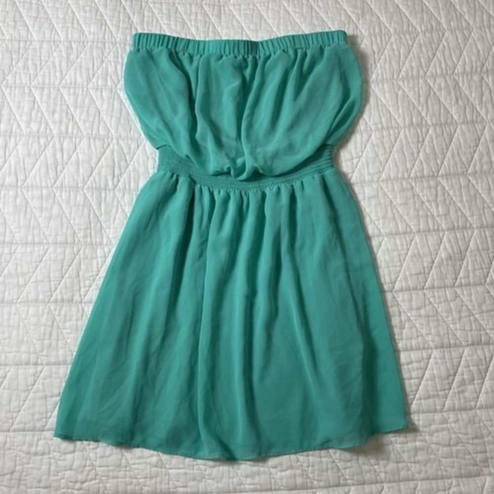 Express Green Chiffon Ruched Strapless Short A-Line Dress Polyester Size M